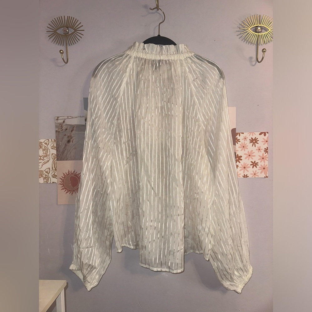 Ann Taylor Ruffle Neck Balloon Sleeve Stripe Blouse NWT - Picture 8 of 9